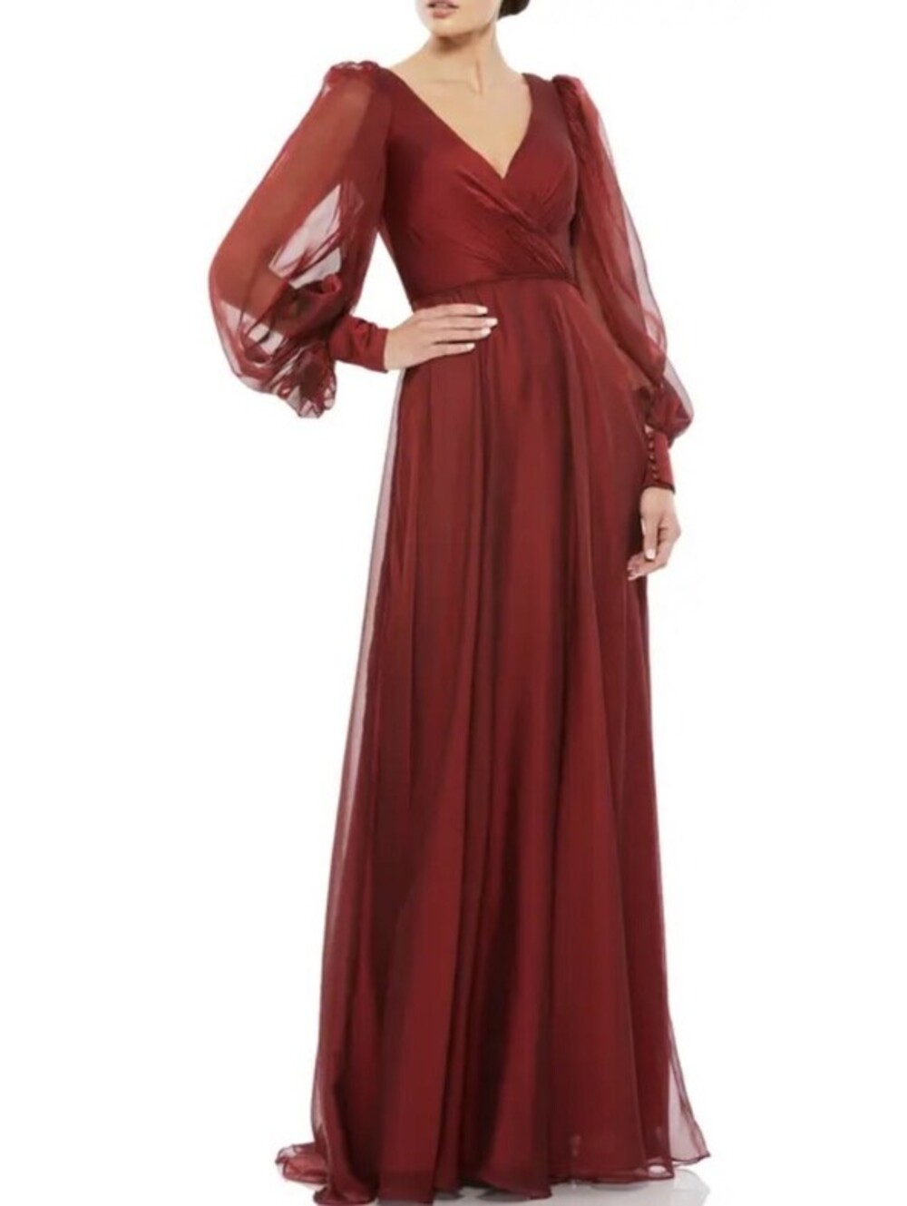 New MAC DUGGAL SHEER BLOUSON SLEEVE SURPLICE A-LINE CHIFFON GARNET GOWN Sz 14